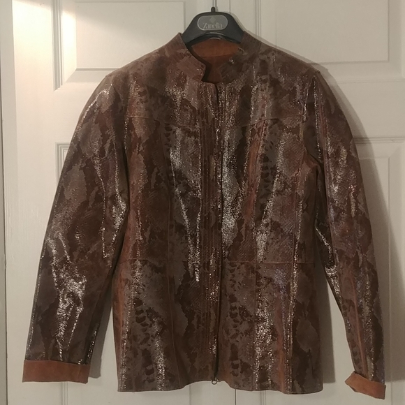Python Print Suede Brown Zipped Front Jacket sz L? - Picture 1 of 4